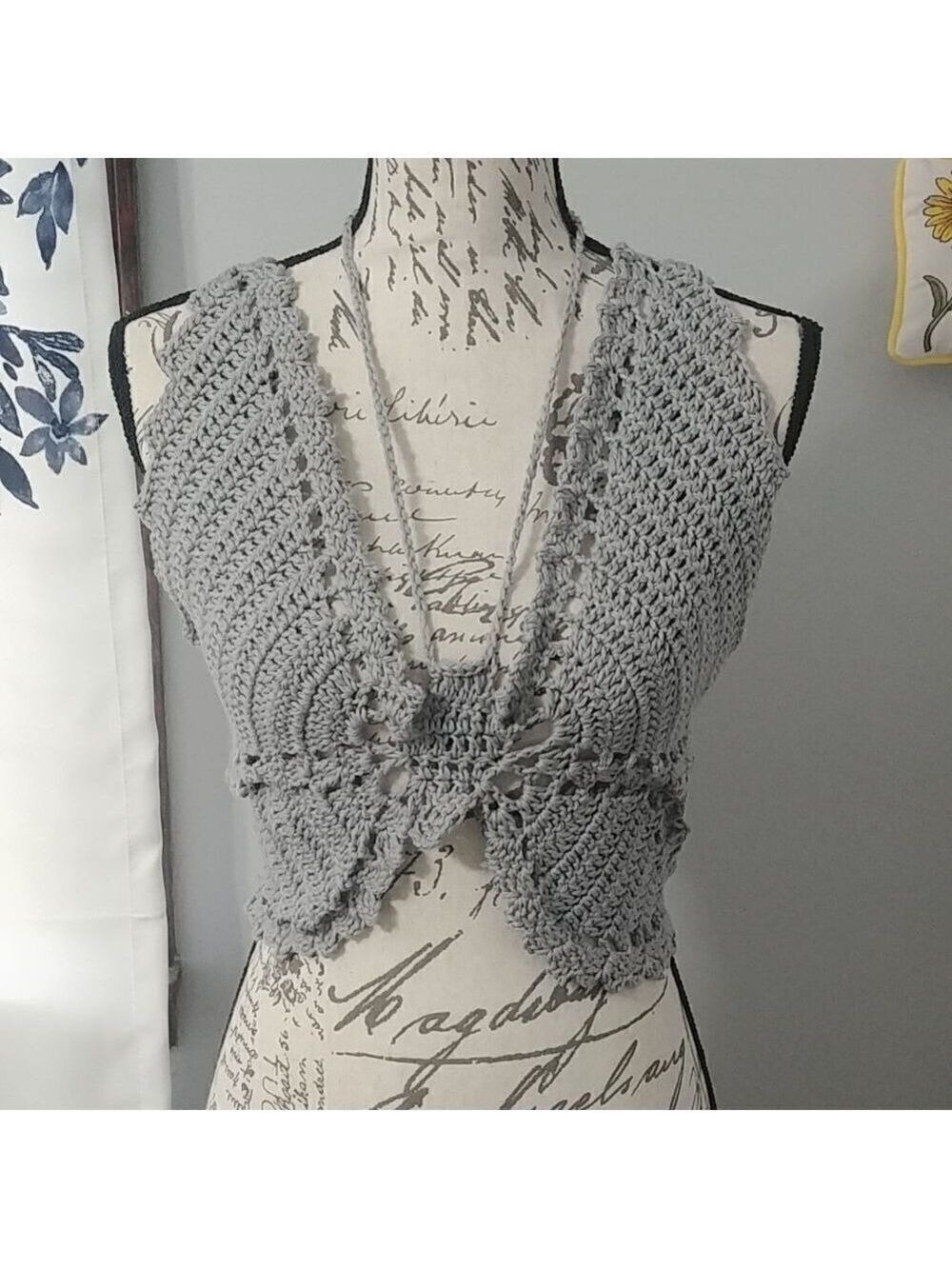 Handmade Crocheted Butterfly Festival Top 100% Cotton Grey 34-36B-C 6-8